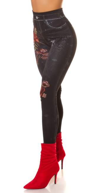 jeanslook leggings met bloemen-print zwart